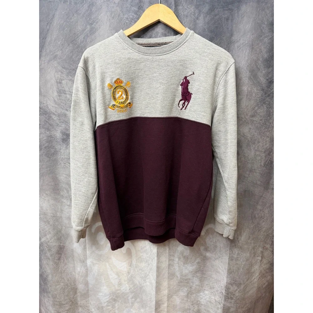 Polo Ralph Lauren Mens Gray Burgundy Colorblock Big Pony Crest Sweatshirt M